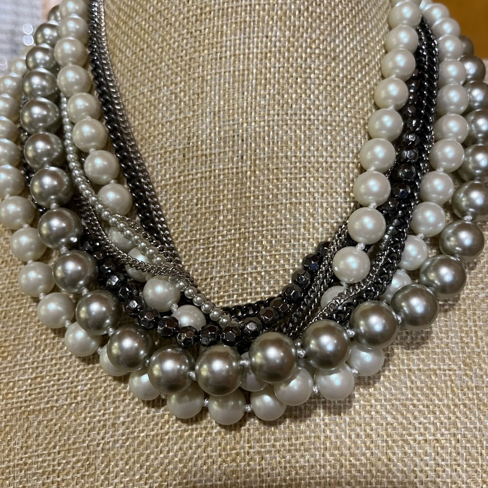 Chunky Twisted Pearl Necklace, Bridal Statement Necklace, Layered Bib Necklace
